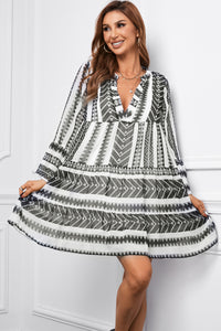 Printed Notched Neck Flare Sleeve Tiered Dress