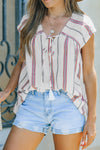 Striped V-Neck Tassel Tie Blouse