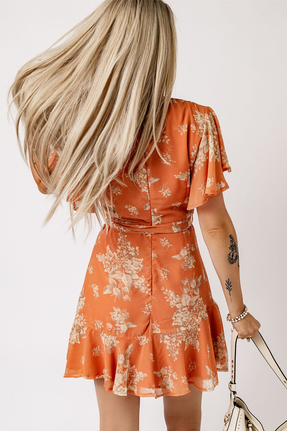 Floral Flutter Sleeve Tie Waist Ruffled Dress