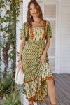 Bohemian Square Neck Flutter Sleeve Maxi Dress