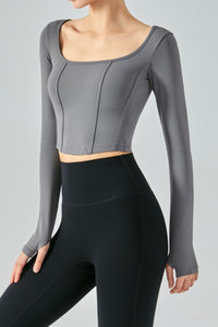 Seam Detail Thumbhole Sleeve Cropped Sports Top - ONYX ASHE