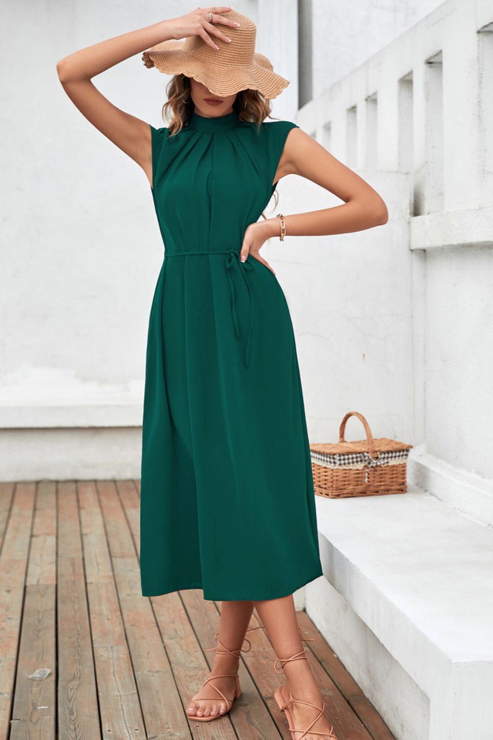 Mock Neck Tied Cap Sleeve Dress