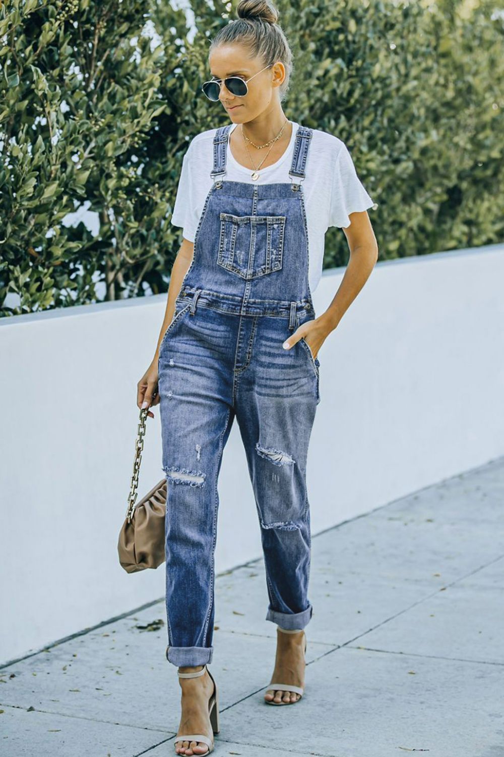 Pocketed Distressed Denim Overalls - ONYX ASHE