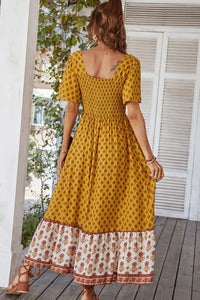 Bohemian Square Neck Flutter Sleeve Maxi Dress