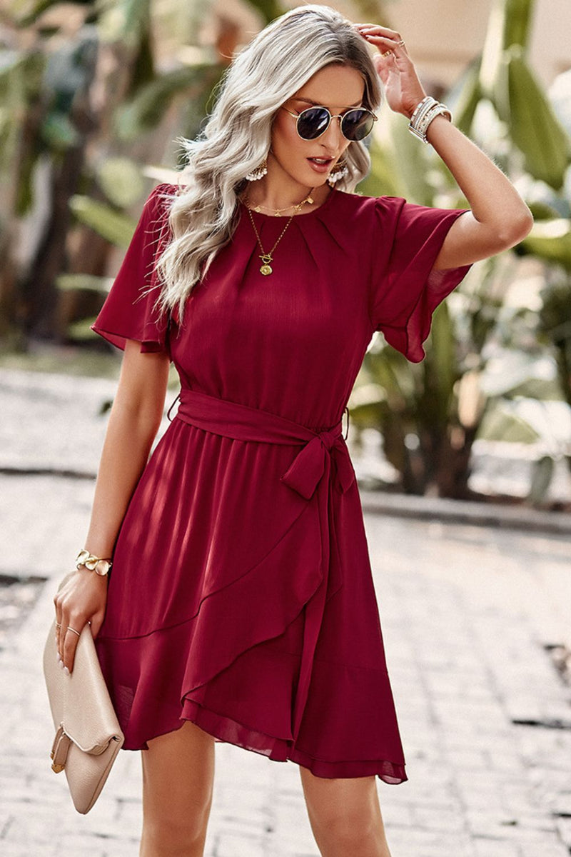 Round Neck Flutter Sleeve Belted Dress