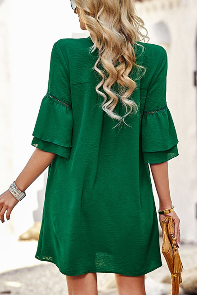 Notched Neck Flare Sleeve Pocket Dress