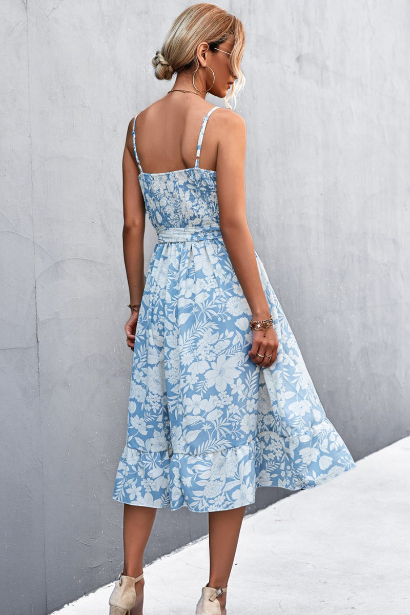 Floral Frill Trim Scoop Neck Spaghetti Strap Dress