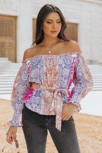 Printed Off-Shoulder Flounce Sleeve Belted Blouse