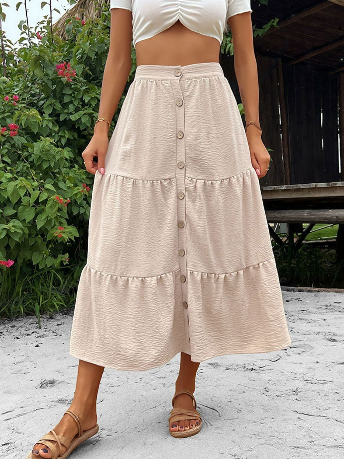 Button Down Tiered Midi Skirt - ONYX ASHE