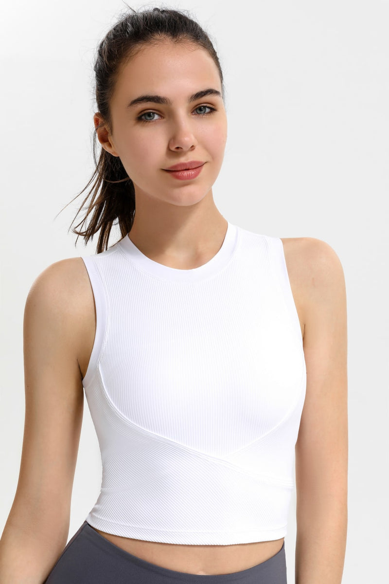 Ribbed Crisscross Round Neck Cropped Sports Tank - ONYX ASHE