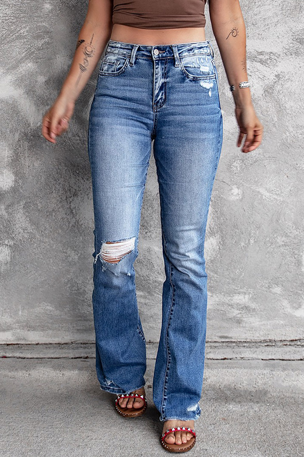 Distressed Flared Jeans with Pockets - ONYX ASHE