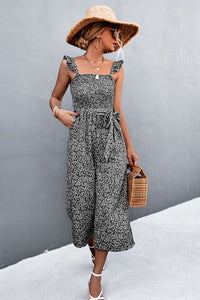 Printed Ruffle Strap Smocked Belted Jumpsuit