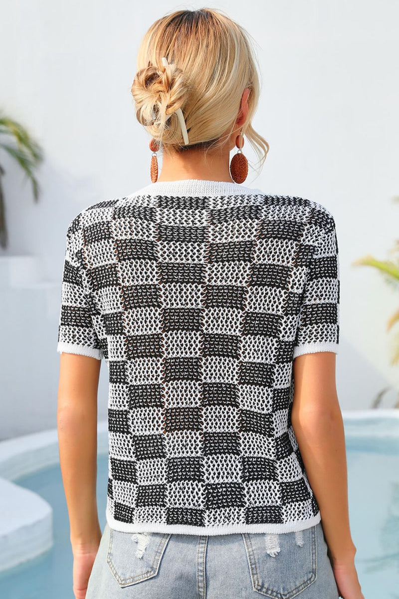 Checkered Short Sleeve Knit Top