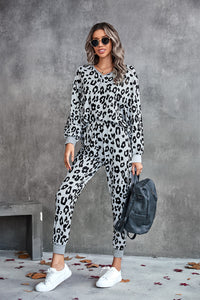 Leopard V-Neck Dropped Shoulder Loungewear Set