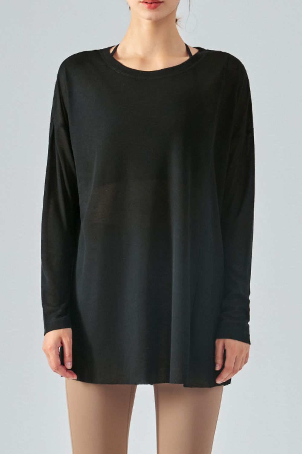 Round Neck Slit Sheer Tunic Sports Top - ONYX ASHE