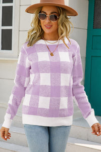 Checkered Ribbed Trim Knit Pullover