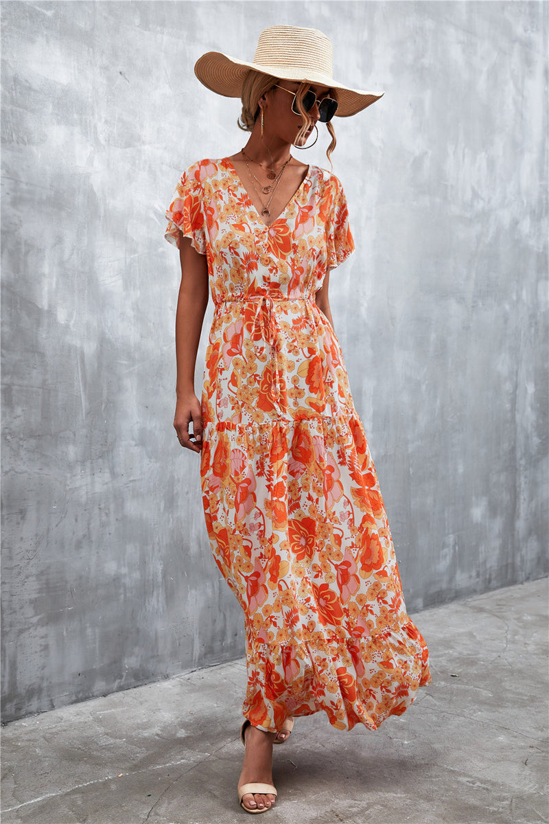 Floral Buttoned Drawstring Waist Tiered Dress