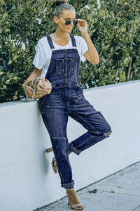 Pocketed Distressed Denim Overalls - ONYX ASHE