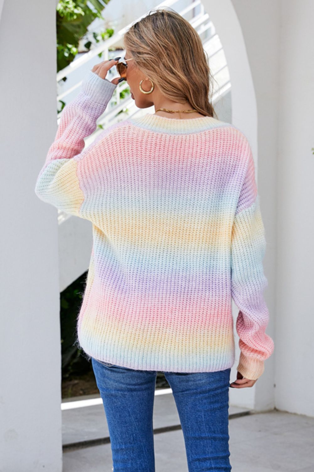 Multicolored V-Neck Rib-Knit Sweater