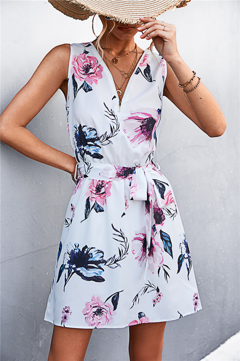 Printed Zip Detail Belted Sleeveless Dress