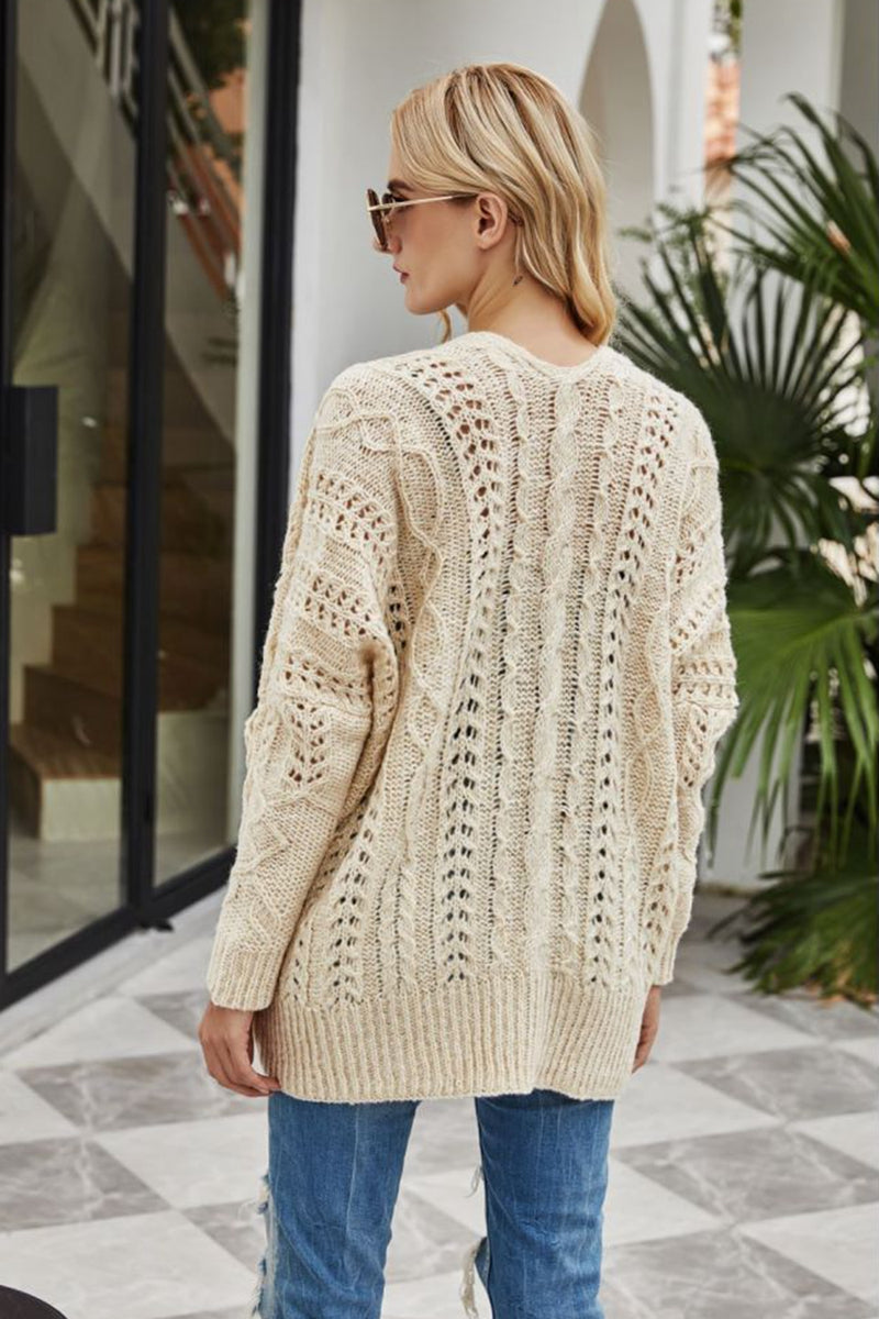 Ribbed Trim Openwork Open Front Cardigan