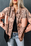 Printed Raw Hem Button Down Jacket with Pockets