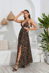 Leopard Deep V Tie Back Split Dress