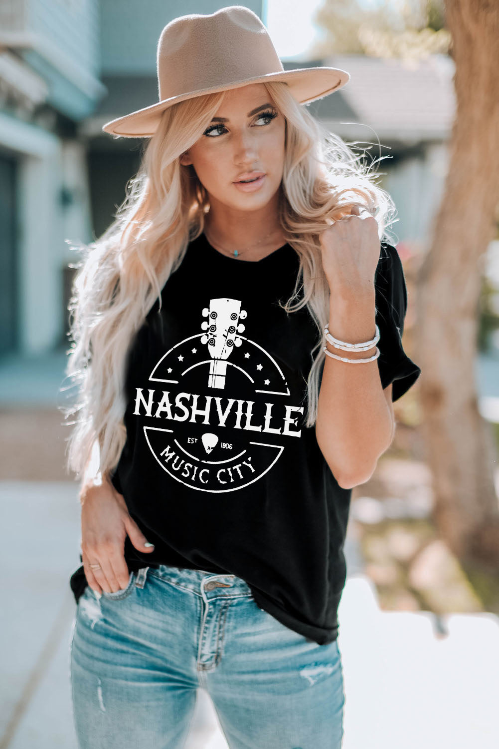 Western NASHVILLE MUSIC CITY Cuffed Graphic Tee Shirt