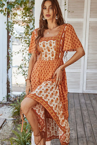 Bohemian Square Neck Flutter Sleeve Maxi Dress