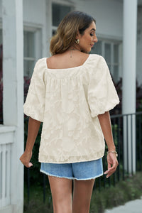 Applique Puff Sleeve Square Neck Blouse