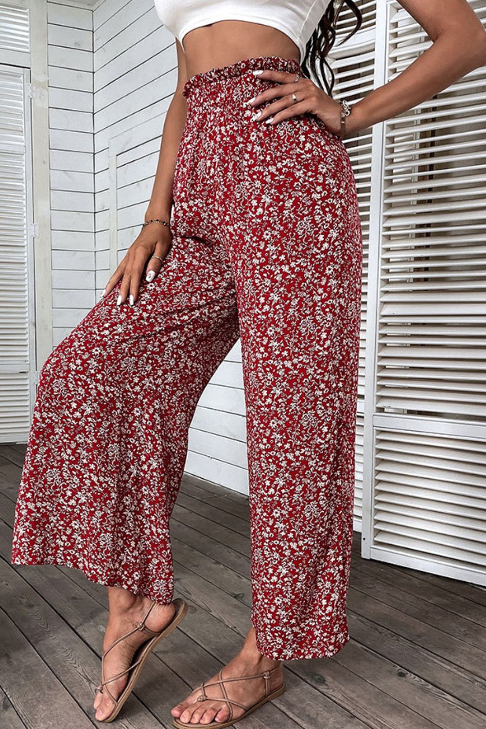 Ditsy Floral Slit Paperbag Waist Wide Leg Pants - ONYX ASHE