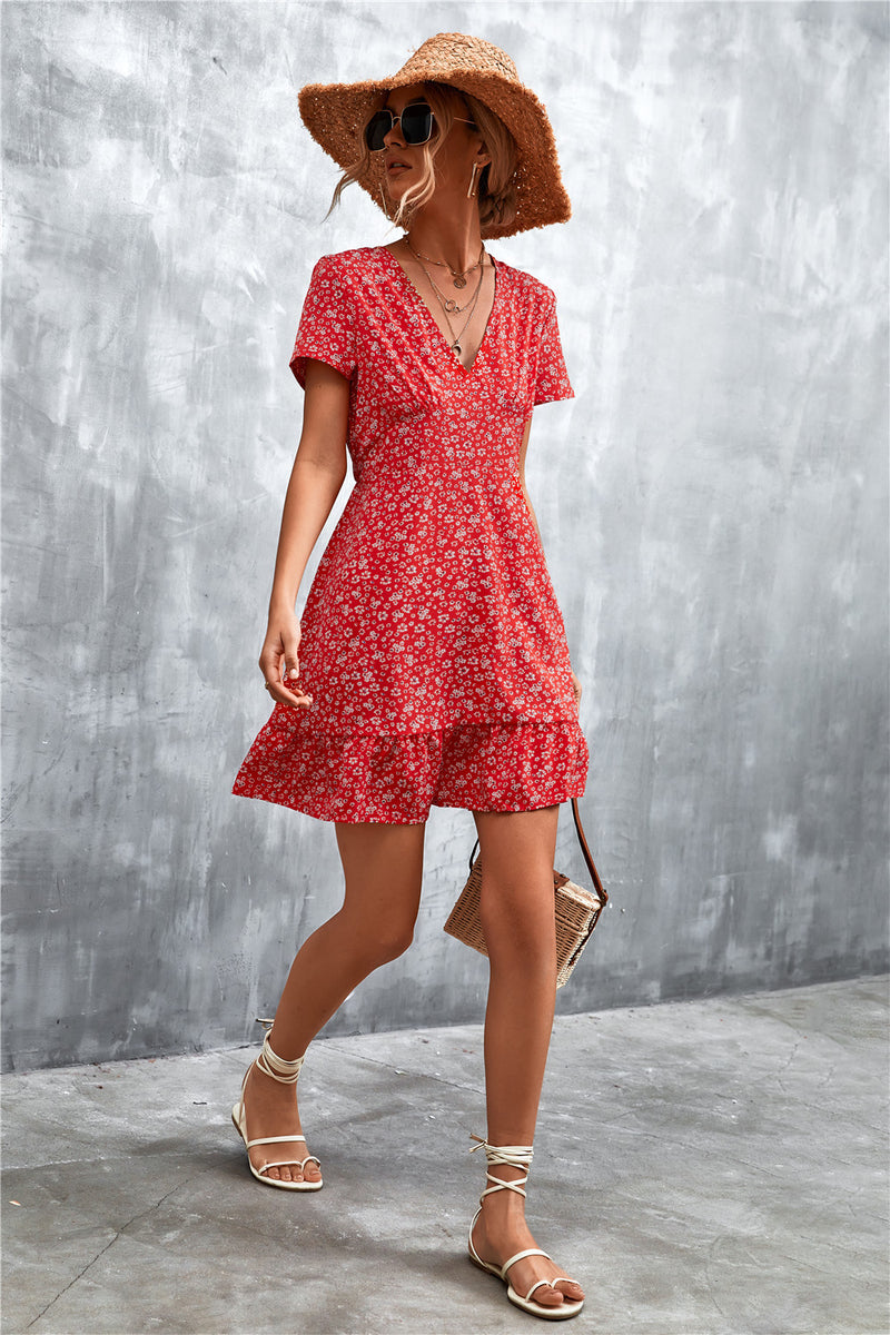 Ditsy Floral V-Neck Short Sleeve Dress