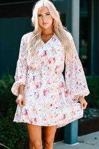 Floral Bubble Sleeve V-Neck Dress