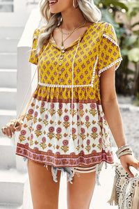 Bohemian Tie Neck Buttoned Blouse