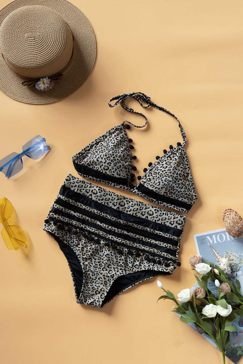 Printed Pompom Detail Halter Neck Two-Piece Bikini Set - ONYX ASHE